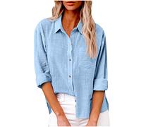 LRMQS Linen Shirts for Women Summer Long Sleeve Lapel Button Down Blouse Lightweight Gauze Loose Casual Fashion Shirt Clothes, Light Blue #5, XL