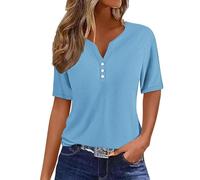 LRMQS Summer Tops for Women 2024 Trendy Vacation Short Sleeve Button V Neck T Shirt Boho Casual Fashion Spring Tee Clothes, Light Blue #17, S