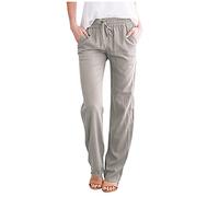 LRMQS Womens Casual Linen Pants 2024 Spring Drawstring Elastic Waist Trousers with Pockets Lounge Fashion Vacation Clothing, Gray #11, Large
