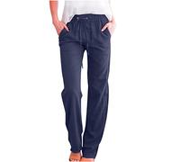 LRMQS Womens Casual Linen Pants 2026 Spring Drawstring Elastic Waist Trousers with Pockets Lounge Fashion Vacation Clothing, Z1_dark Blue, XL