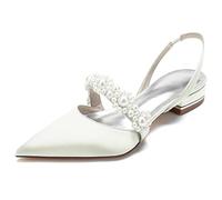 LRMYMHY Women Satin Slingback Bridal Shoes Ballet Flats Shoes Pearl Pointed Toe Wedding Party Dress Pumps,Ivory,6 UK