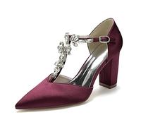 LRMYMHY Women's Bridal Shoes Closed Toe T-Strap 3.35" Block Heel Satin Pumps Rhinestone Pointed Toe Wedding Shoes,Burgundy,6 UK