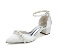 LRMYMHY Women's Pointed Toe Pearl Wedding Shoes for Bride Low Chunky Block Heel Satin Bridal Shoes Ankle Strap Prom Pumps,Ivory,7 UK