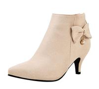 Lroey Reoly Women Kitten Heel Ankle Boots, Casual Party Boots Pointed Toe Zip High Heel Booties Bows 254 Apricot/Br Size 5 UK/39