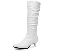 Lroey Reoly Women Kitten Heel Mid Calf Boots, Casual Slouch Boots Slip On Mid Heel Long Boots Pointed Toe 294 White/Hm Size 3 UK/36