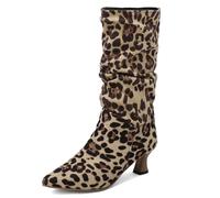 Lroey Reoly Women Mid Calf Boots Pull On Kitten Heel Boots Pleated Mid Heel Pointed Toe Simple Party Boots, M7947ZN Leopard-Print Size 3 UK/36