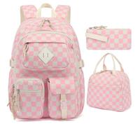 Lroiutian Corduroy 3-Piece School Backpack Set for Girls Boys, Kids Bookbag with Lunch Box and Pencil Case (Ages 8-18), Corduroy Pink Checkered, Modern
