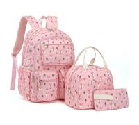 Lroiutian Girls Backpack Set for School with Lunch Box and Pencil Case 3 Piece Bookbags, Kids Elementary School Bag, Pink Fox, Modern