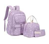 Lroiutian Girls Backpack Set for School with Lunch Box and Pencil Case 3 Piece Bookbags, Kids Elementary School Bag, Purple Daisy