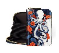 LROTFNGX RFID Blocking Wallet for Women | Small Leather Card Holder with Zipper | Compact Business & Accordion Credit Card Organizer | Unique Funny Gift, Octopus Floral, 3.27" x 4.53" x 0.98