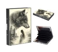 LROTFNGX RFID Credit Card Holder Protector Mini Metal Wallet Business Card Holder for Men Women Gift Box Package, Wolf Castle Maiden, 3.8" x 2.6" x 0.59", Minimalist
