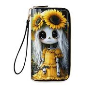 LROTFNGX Women's Wallets Zip Leather with RFID Blocking,Credit Card Cash Phone Wallet Travel Purse Clutch Purse Large Capacity Wristlet Design, Sunflower Skeleton Doll, 7.6" x 3.8" x 0.82