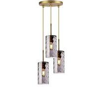 LRUII Industrial Vintage 3 Way Pendant Light Cluster w/Rippled Glass Cylinder Lampshade Brass E27 Ceiling Hanging Lamp 3-Lights Chandelier for Dining Room (Grey)