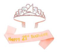 LRXIYODE 1Set Birthday Rhinestone Tiara and Sash Set Dazzling Party Accessories for Birthday Celebrations and Costume Jewellery Rose Gold Design