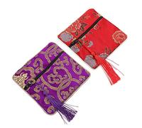 LRXIYODE 2 Pcs Red Embroidered Cotton and Polyester Storage Bags with Zipper Closure for Guzheng Tapes and Guitar Picks, Wear-resistant Small Items Organizer Pouch for Music Style