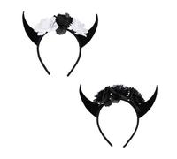 LRXIYODE 2Pcs Halloween Horn Headbands for Adults and Fabric Skull Skeleton Hair Hoops Comfortable Devil Accessories for Costume Party and Day Dead Celebration