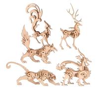 LRXIYODE 5pcs Wooden Animal Puzzle for Adults Interactive Jigsaw Puzzles DIY Animal Models Wolf Dragon Fox Deer Tiger Educational Creative Fun for Family Play