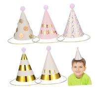 LRXIYODE 6pcs Decorative Birthday Party Plush Ball Hats for Fun Headwear with Pink Polka Dots Floral Pom Poms Gold Stripes and Happy Birthday Design Party Props for Memorable Celebrations