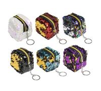 LRXIYODE 6pcs Sequin Mini Coin Purse Set Cubic Zipper Wallets for Women Lightweight Change Pouches Keychain for Girls Travel and Everyday Use