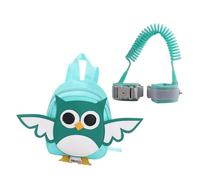 LRXIYODE Adjustable Green Nylon Kids Mini Backpack with Cartoon Owl Pattern and Safe Wrist Link for Travel Safety and Anti-Lost Preschool Use