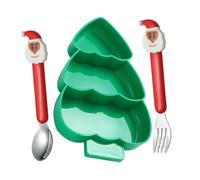 LRXIYODE Christmas Tree Shaped Plate with Fork and Spoon Set Food Grade Plastic Divided Tray for Meals Multi Compartment Candy and Fruit Serving Dish Safe for Holiday Use