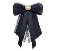 LRXIYODE Imitation Pearl Pre-tied Bow Tie with Locking Brooch Back Black Lace Ribbon Necktie Accessory for Women Easy to Attach for Party Wedding Dinner and Daily Wear