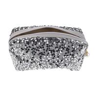 LRXIYODE Large Portable Travel Makeup Bag with Silver Glitter Sequins, 7.3 Inch Sparkly Cosmetic Pouch, Spacious Glitter Makeup Organizer for Festival and Birthday