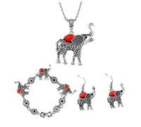 LRXIYODE Vintage Bohemian Jewelry for Women Creative Red Turquoise Elephant Necklace Bracelet Earrings Stylish Retro Anniversary Birthday Mother's Day