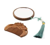 LRXIYODE Vintage Wood Hand Mirror and Comb Set with Tassel Hand-carved Portable Vanity for Travel Home Office and School Scalp-friendly Smooth Teeth High Clarity Reflection Compact Elegance