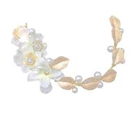 LRXIYODE White Pearl Flower Headband with Golden Leaf Bridal Hair Accessories Lightweight Wedding Party Headpiece Elegant Cloth Flower Jewelry for Women