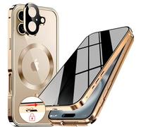 LS LANGSHUN [CD Metal Ring and Security Lock] Integral Magnetic Privacy Case for iPhone 16 6.1 Inch [Built-in Lens Protection] Cover with Built-in 9H Glass Screen - Luxury Gold