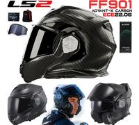 LS2 FF901 Advant X Carbon Black Modular 180° Flip Front Dual Visor Full Face Motorbike Helmet Sport. ECE 22.06 Certified. Complete With Pinlock and Luxury Camo Backpack Style Carry Bag - L (59-60cm)