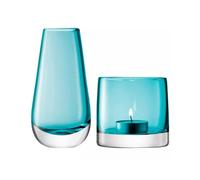 LSA International Peacock Flower & LIght Colour Glass Vase & Tea Light Holder Set