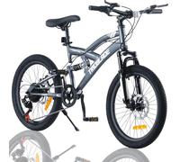 LSBIKE 20 In Full Suspension Mountain Bike, 7 Speed Adult Mountain Bicycle with Front & Rear Disc Brake Men Women MTB Road City Bike w/Carbon Steel Frame & Double Rim Wheel (Grey)