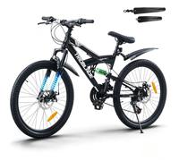 LSBIKE 24/26/27.5/29 Inch Full Suspension Mountain Bike, 21 Speed Adult Mountain Bicycle with Front & Rear Disc Brake Men Women MTB Road City Bike w/Carbon Steel Frame Double Rim Wheel