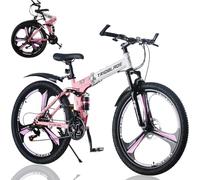 LSBIKE 24 26 27.5In Foldable Mountain Bike Dual Suspension Hardtail Bicycle Men Women Mountain Bike 21 Speed Drivetrain Lightweight Frame Sport Cycling Bike for Adult (White Pink, 26in)