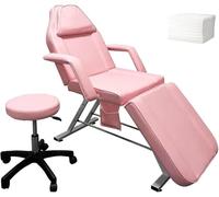 LSBIKE Beauty Bed with Stool and Sheets, Adjustable Massage Chair Reclining Salon Bed Lash Chair with Removable Armrests Headrest Massage Table Set for Spa Salon Tattoo Facial (Pink)