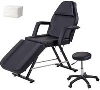 LSBIKE Beauty Bed with Stool and Sheets, Adjustable Massage Chair Reclining Salon Bed Lash Chair with Removable Armrests Headrest Massage Table Set for Spa Salon Tattoo Facial (Black)
