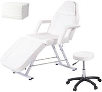 LSBIKE Beauty Bed with Stool and Sheets, Adjustable Massage Chair Reclining Salon Bed Lash Chair with Removable Armrests Headrest Massage Table Set for Spa Salon Tattoo Facial (White)