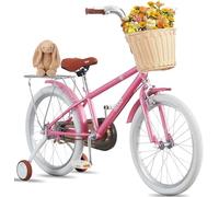 LSBIKE Girls Bike with Stabilisers/Kickstand Pink Kids Road Bike with Basket and Rear Rack 16 18 20 22Inch Wheels Girls Bicycle Children Bicycle Bike for 5-13 Years Old Kids (20inch)