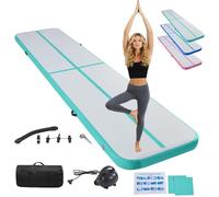 LSBIKE Inflatable Tumble Track Gymnastics Mat, 3m/4m/5m/6m Air Mat with Pump, Portable Air-Filled Tumbling mat for Home, Cheer, Yoga, Kids & Adults - Non-Slip & Waterproof (Green, 4m/13ft)