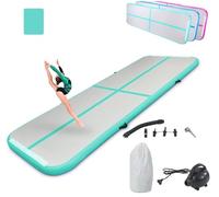 LSBIKE Inflatable Tumble Track Gymnastics Mat, 3m/4m/5m/6m Air Mat with Pump, Portable Air-Filled Tumbling mat for Home, Cheer, Yoga, Kids & Adults - Non-Slip & Waterproof (Green, 5m/16ft)