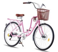 LSBIKE Ladies Bike with Basket 24/26in 7 Speed City Bicycle Women Girls Comfort Bike Lightweight Frame Hybrid Disc Brakes with Cupholder Steel Rear Rack Adjustable Handbar and Seat (Pink, 24inch)