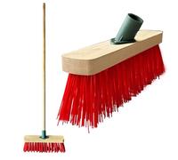 LSC 12” Outdoor Broom Sweeping Brush Heavy Duty PVC Bristles Yard Brush with Wooden Handle Garden Brooms for Cleaning Patio Yards Warehouse and Garage (RED)