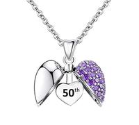 LSDesigns 50th Necklace 925 Sterling Silver Happy 50 Birthday Purple Crystal Heart Charm Pendant 20" Classic Cable Link Chain Gift for Daughter Women Her Sister Wife Mum Nan Nana