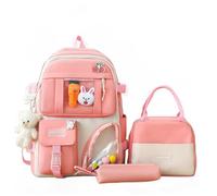 LsdgFriday 4Pcs Cute Backpack Set Kawaii School Backpack Aesthetic Backpack with Pendant for Teen Girls to School Supplies, Clear Pink, One Size