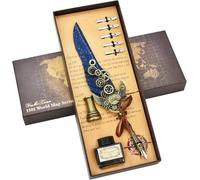 LSFCHYBY Quill Feather Pen and Ink Set,Calligraphy Set,Calligraphy Kits Include Antique Quill Feather Pen,5Nibs,1 Bottles Inks,Pen Holder for Beginners Birthday Gift (Treasure Blue)