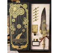 LSFCHYBY Quill Feather Pen and Ink Set,Calligraphy Set,Calligraphy Kits Include Antique Quill Feather Pen,5Nibs,1 Bottles Inks,Pen Holder for Beginners Birthday Gift (Grey)