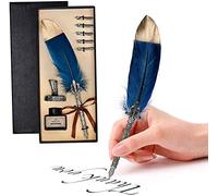 LSFCHYBY Quill Pen, Handmade Quill Feather Pen Set Antique Calligraphy Writing Quill Pen with Ink, Feather Pen with Ink and Steel Tips Calligraphy Set,6 Replacement Nibs/Contains ink（navy blue）