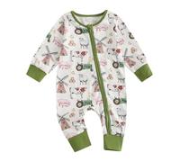 LSFYSZD Baby Fall Farm Romper Animal Print Zipper Long Sleeve Crew Neck Full Length Jumpsuit (White, 0-3 Months)
